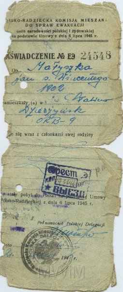 KKE 5310.jpg - Dok. Zaświadczenie wydanie przez Polsko-Radziecką komisje mieszkaniową do spraw Ewakuacji dla Jana Wincentego Małyszko, Dżerżyńsk, 21 V 1946 r.